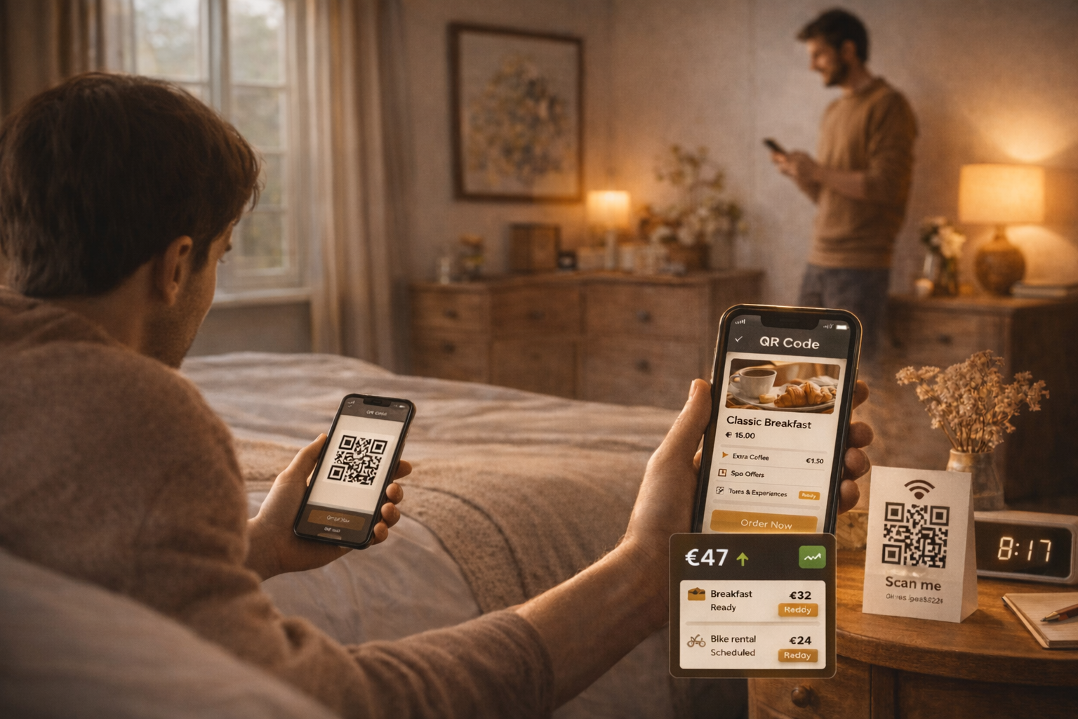 Guest scanning a QR code in a cozy B&B room